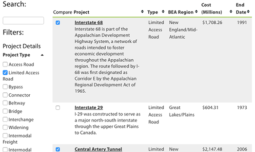 Case Study Search — searchable library of transportation case studies with filters and side-by-side compare.